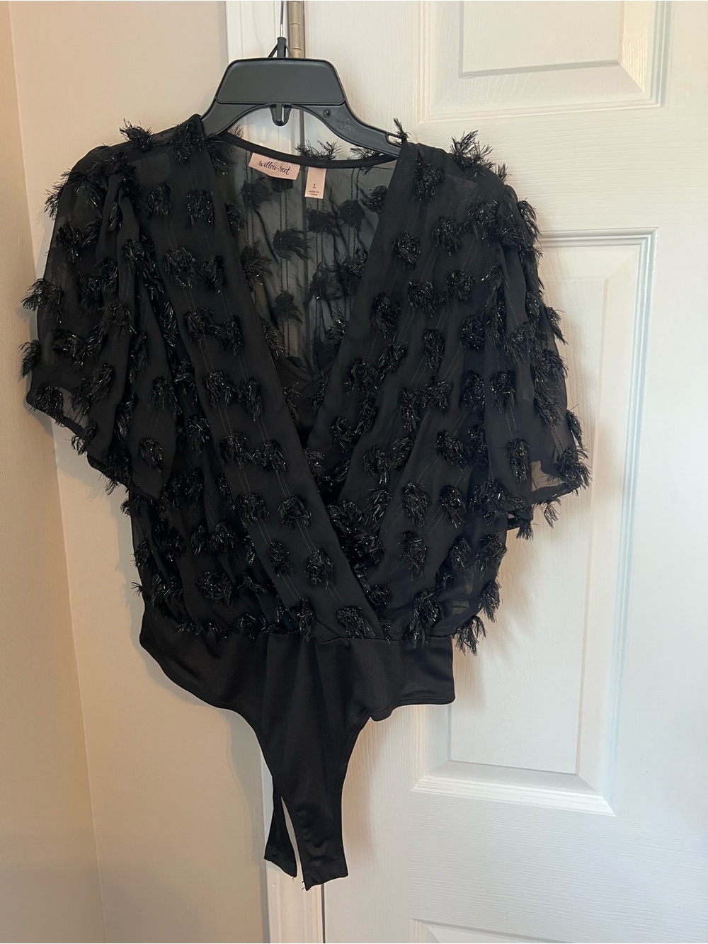 Alice + Olivia Black Sheer Fringe V-Neck Bodysuit